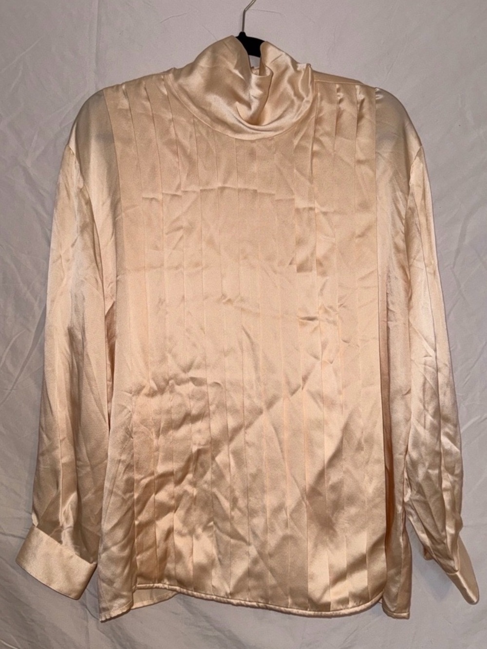 Vintage Preston & York 100% Silk Blouse Pleated Mock Neck Champagne Size 16